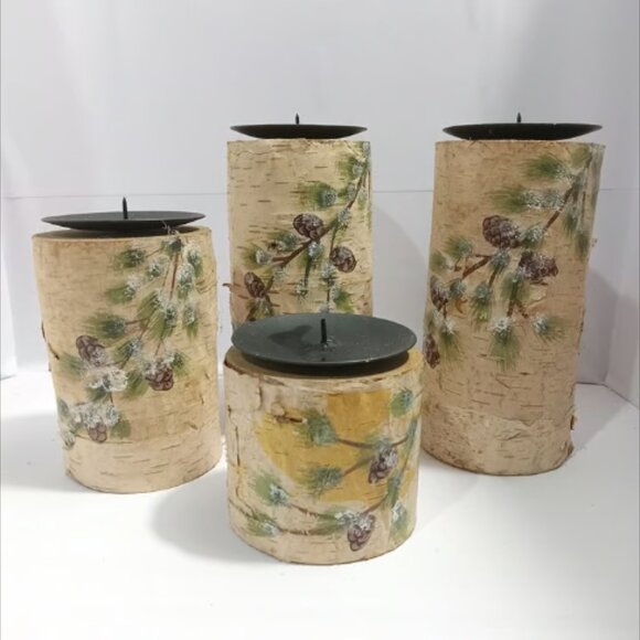 SET of 4 BIRCH Wood LOG PILLAR CANDLE HOLDERS STANDS Farmhouse Decor - Picture 1 of 9